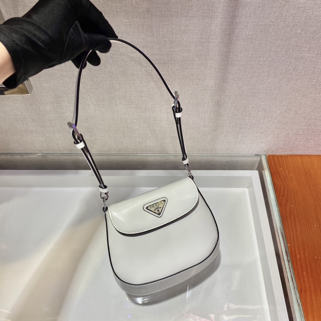 Prada Cleo Brushed Leather Shoulder Bag With Flap White 1BH188